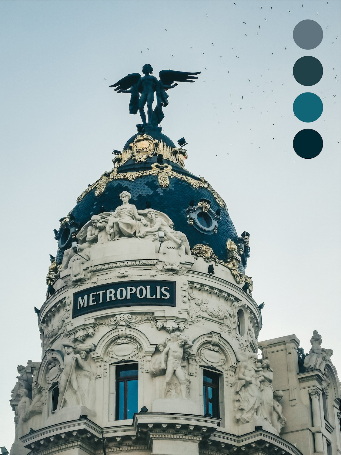 Foto di José Carlos Cortizo Perez raffigurante l’Hotel Metropolis di Madrid. In alto a destra sulla foto sono posizionati 4 cerchi che rappresentano i 4 colori prelevati dalla foto e utilizzati per la palette dell'illustrazione.