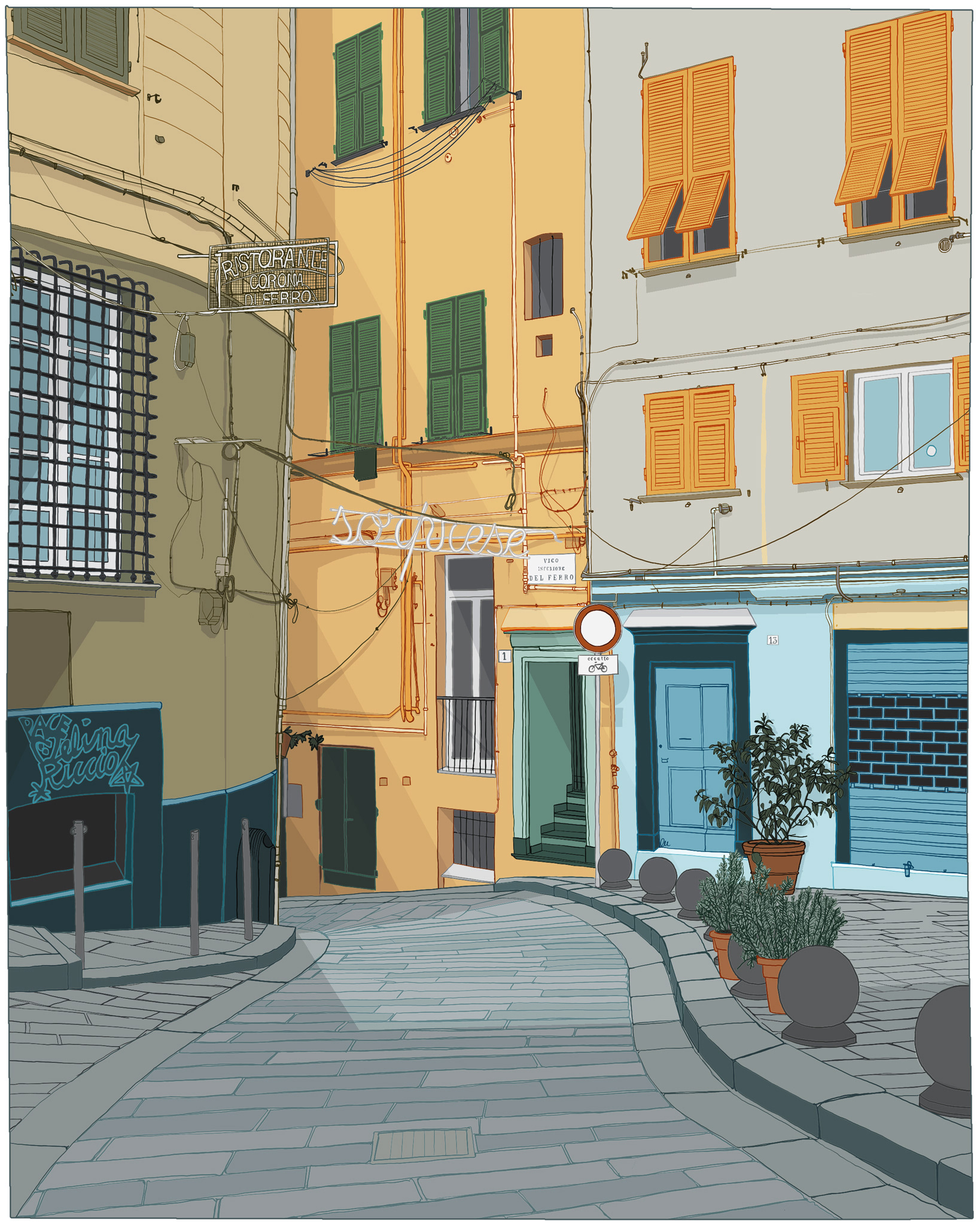 Illustrazione a colori di uno scorcio raffigurante una porzione della strada mattonata in discesa e parte dei tre edifici circostanti in Vico Inferiore del Ferro a Genova. Un insieme di persiane alla genovese, verdi e gialle, finestre protette da vecchie inferriate, ingressi privati, la saracinesca di un negozio chiuso, intrico di cavi elettrici, l'insegna del ristorante Corona di Ferro e una luminaria del Comune di Genova che riporta la parola “sorprese” realizzata con strisce Led bianche. Gli edifici sono colorati con le tipiche tinte liguri: verde, crema e beige.