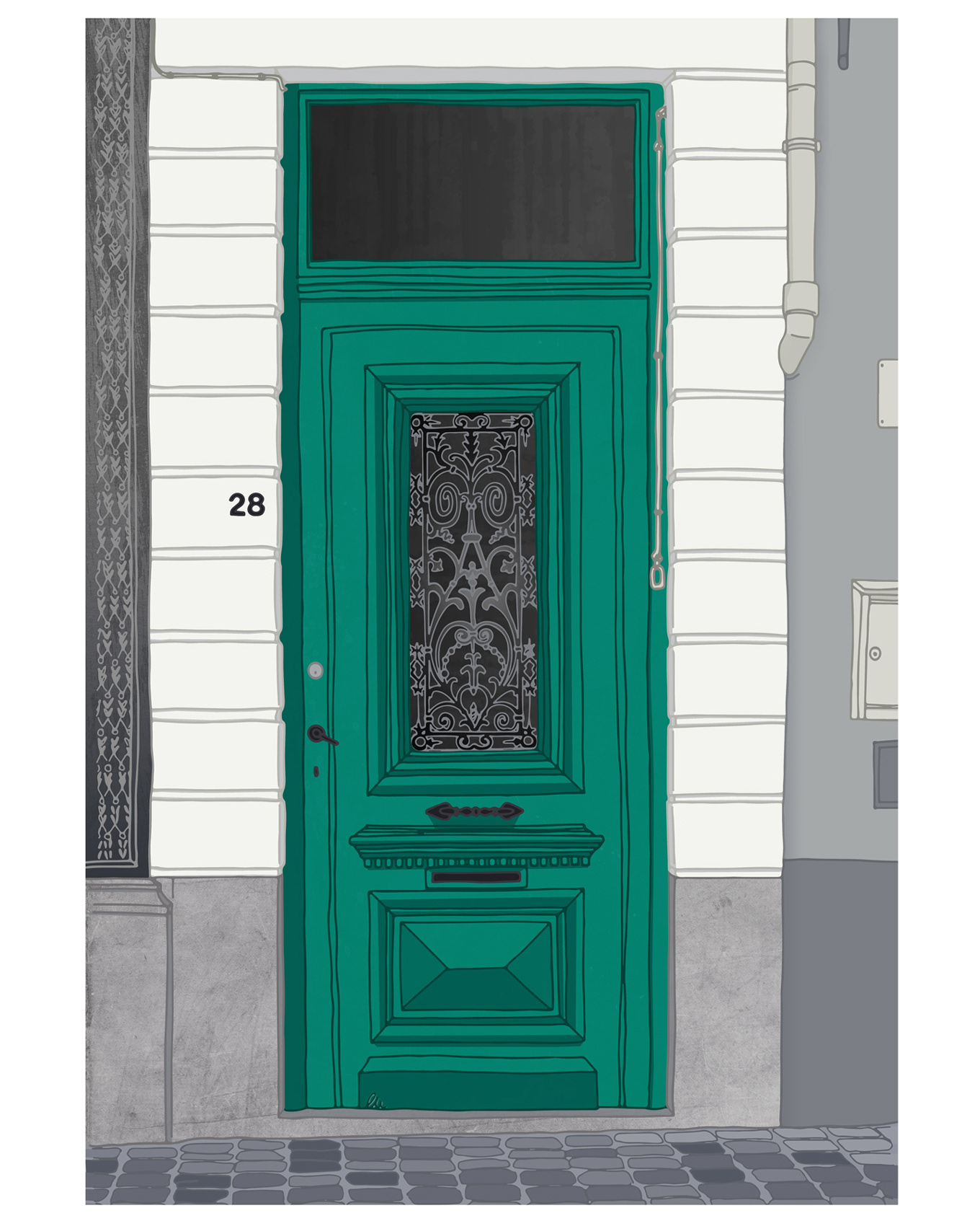 Illustrazione digitale a colori raffigurante il portoncino verde brillante del civico 28 di Mariastraat a Brugge (Belgio), posizionato al centro dell’inquadratura. Presenta decorazioni e intarsi in legno, una buca per le lettere e maniglie dorate al centro e sul lato sinistro, e nella parte superiore due vetrate: la prima decorata con motivi floreali in ferro battuto, le seconda, al di sopra del varco, è un semplice vetro a buccia d’arancia. Sulla destra un vecchio campanello sospeso. Davanti al portoncino il marciapiede lastricato con piccole mattonelle grigie. Ai lati il bugnato dell’edificio, una piccola porzione del negozio sulla sinistra, tubature e altri piccoli elementi elettrici.