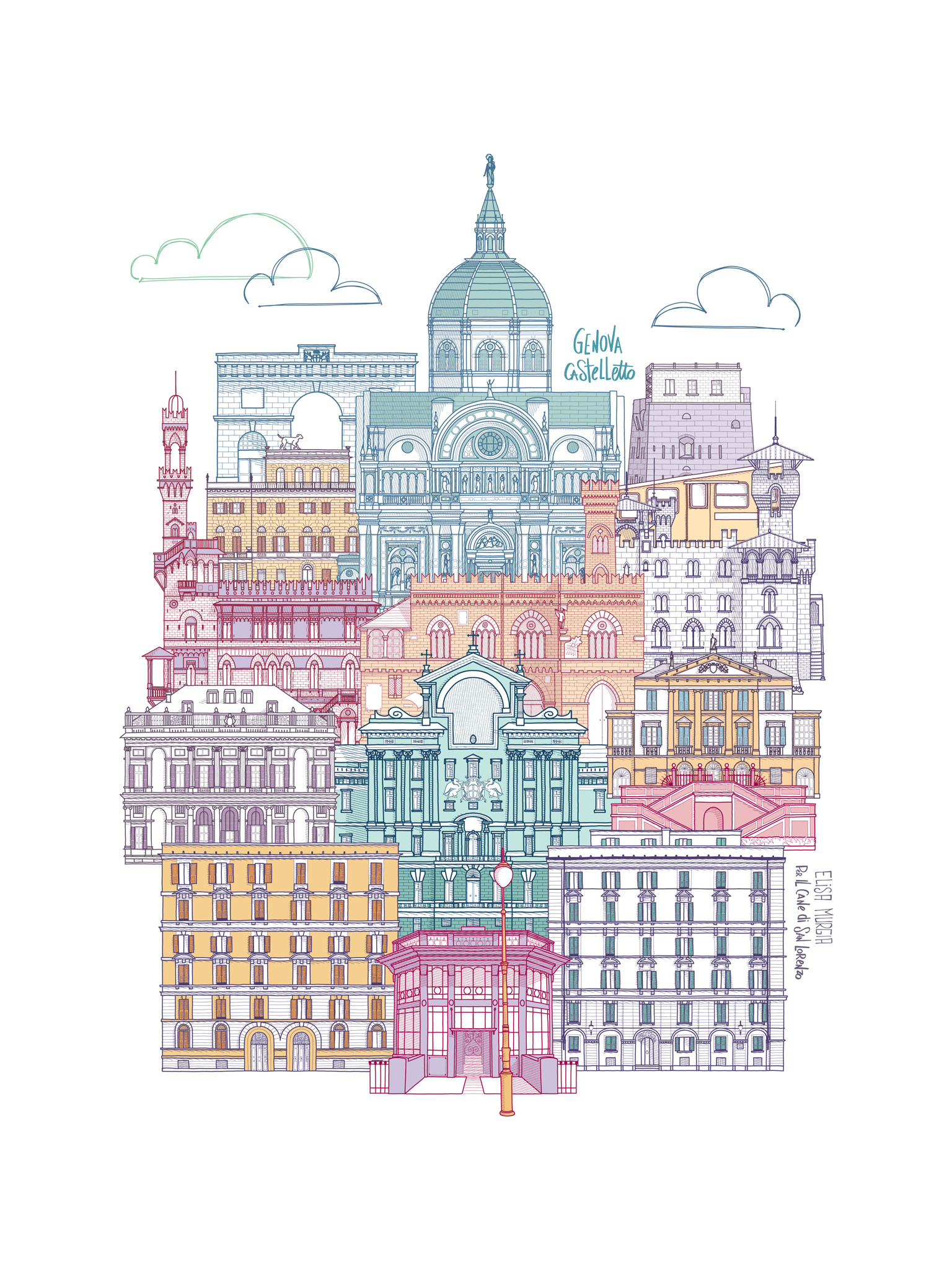 Illustrazione a colori di alcuni edifici simbolici del quartiere di Castelletto a Genova.