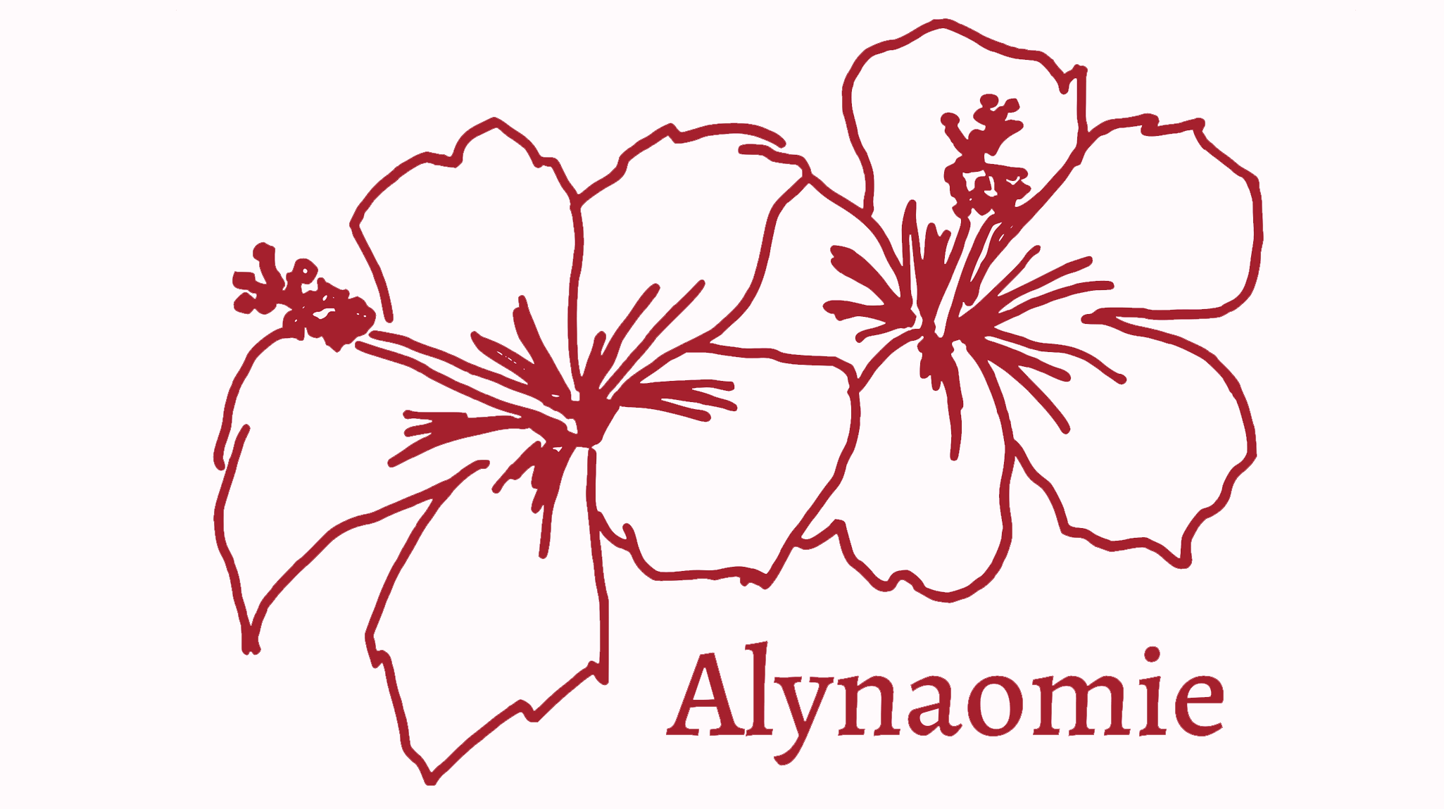 Red line drawing of a pair of tropical hibiscus flowers with the text 'Alynaomie' written small in a antique-looking font below it