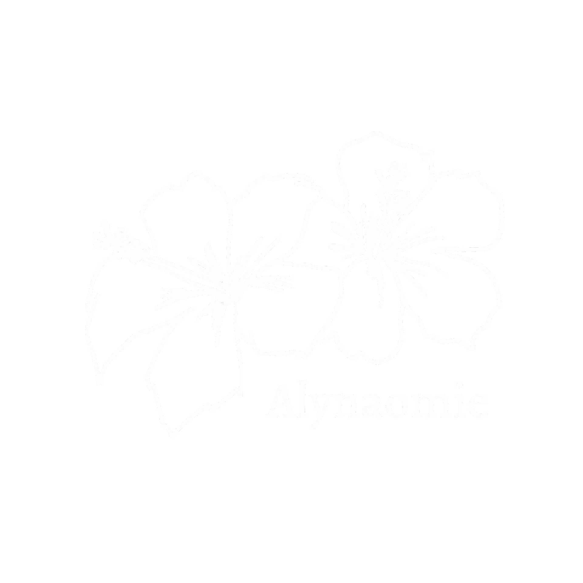 White line illustration of tropical flowers with the text "Alynaomie" below.