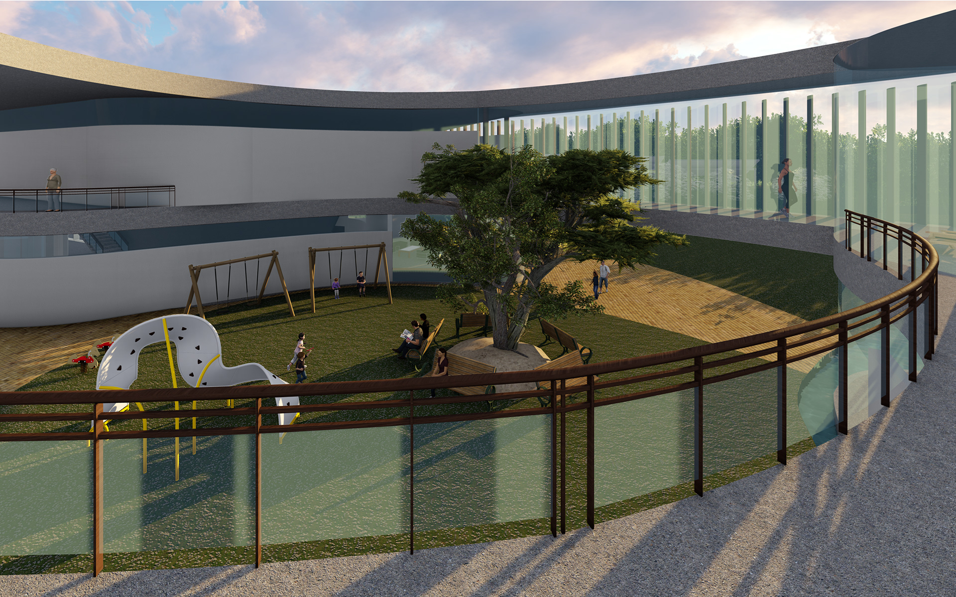 URBAN LIVING ROOM featuring playground equipment for children, seating for families, and natural elements for all to enjoy.