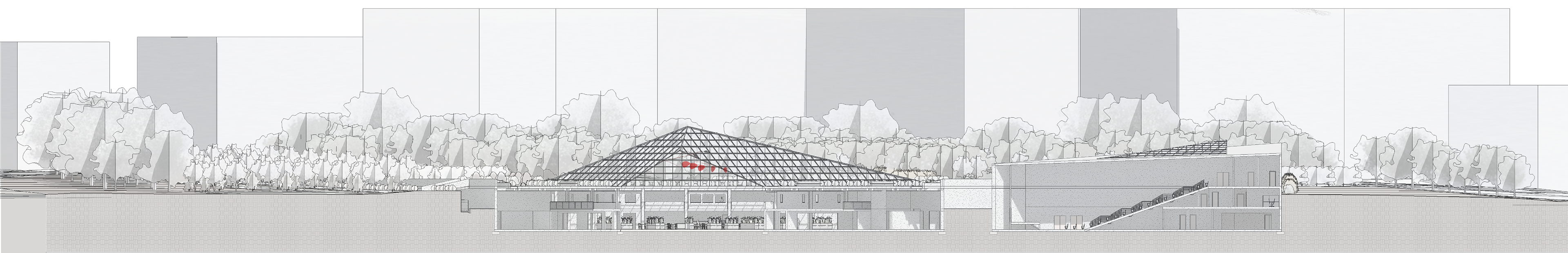 LONGITUDINAL SECTION THROUGH THE CENTER COURTYARD ATRIUM