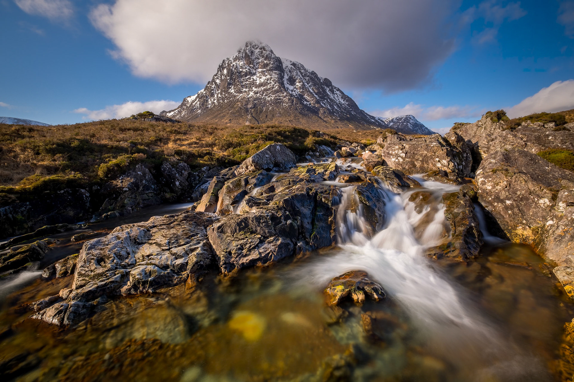 Buachaille Etive Mor overlooking waterfalls on the River Coupall, Glen Coe, Scotland