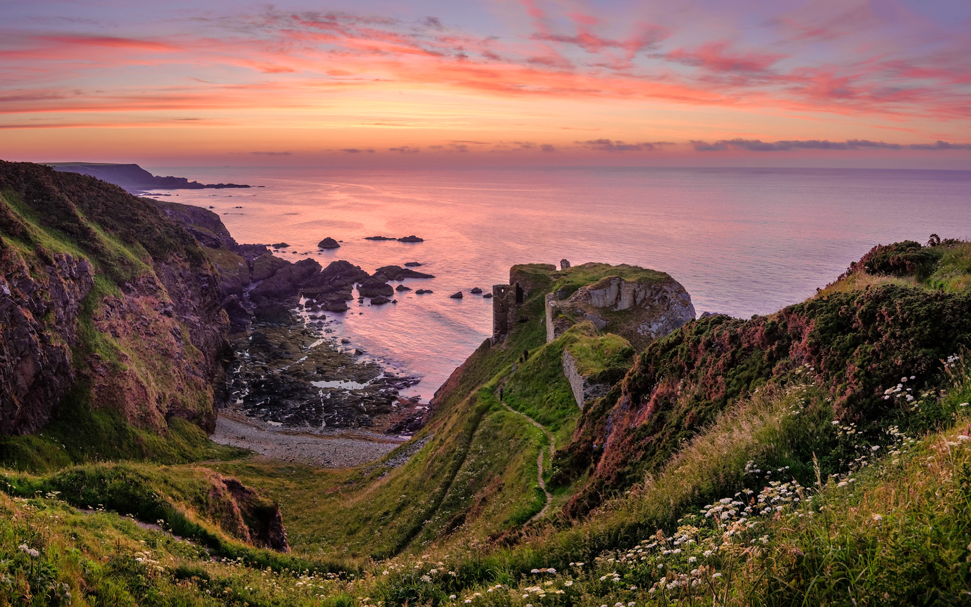 Findlater Castle near Portsoy, Aberdeenshire, Scotland, photographed just after sunset