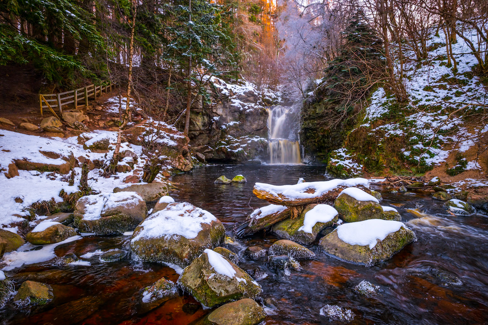 Linn Falls near Aberlour, Moray, Scotland, after a fall of snow.