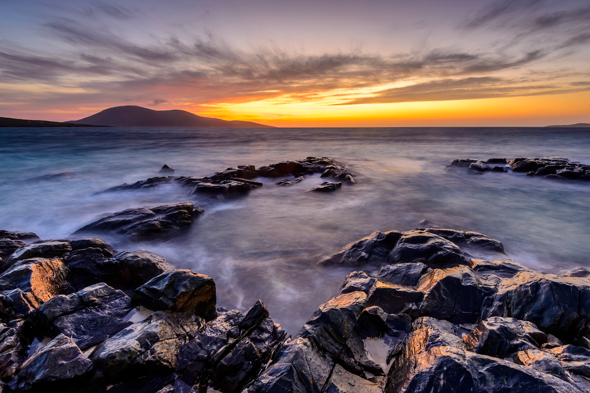 Sunset over Toe Head from Traigh Mor beach, Isle of Harris, Scotland