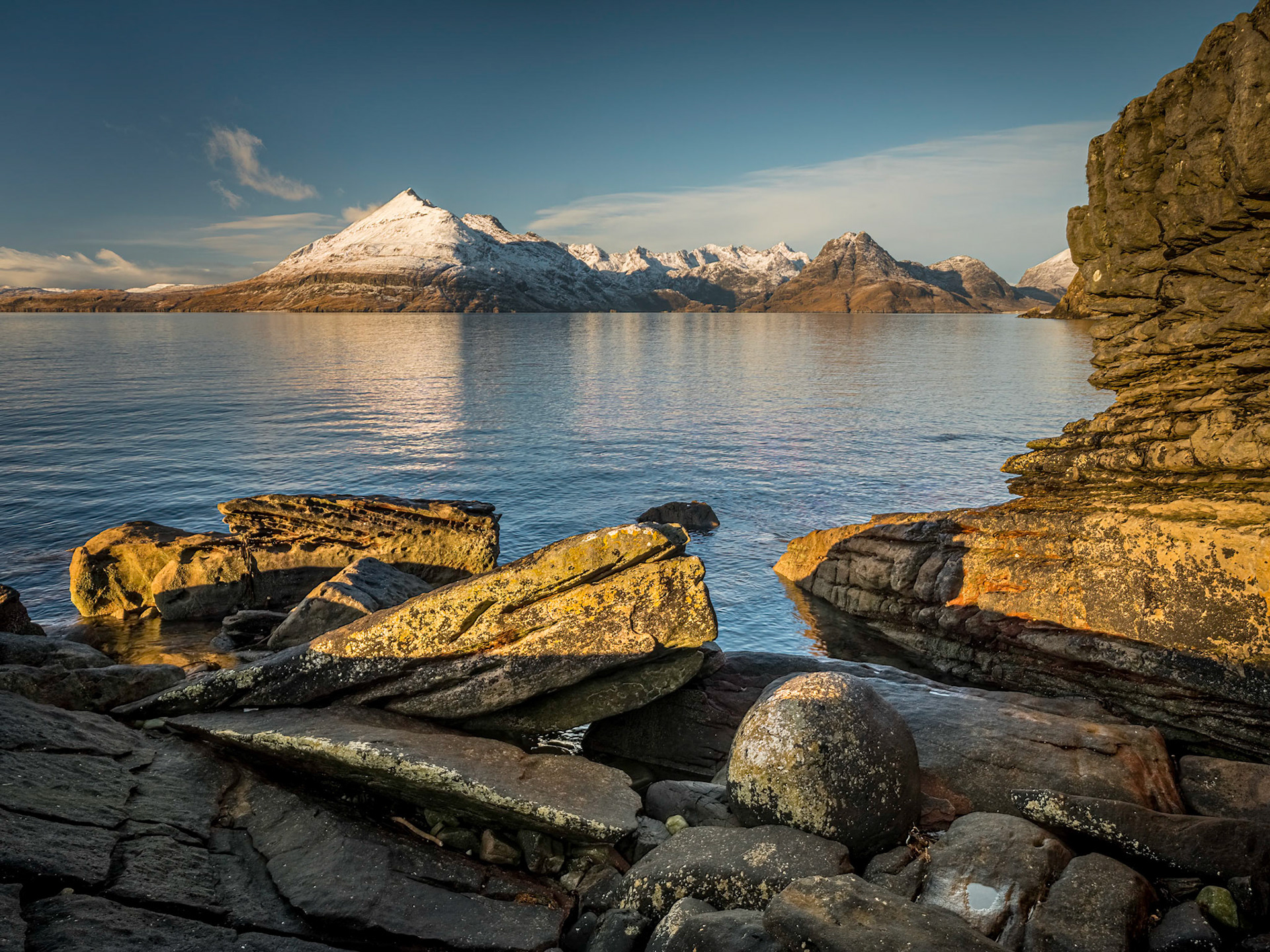 The snow covered peaks of the Black Cuillin, seen from Elgol on the Isle of Skye