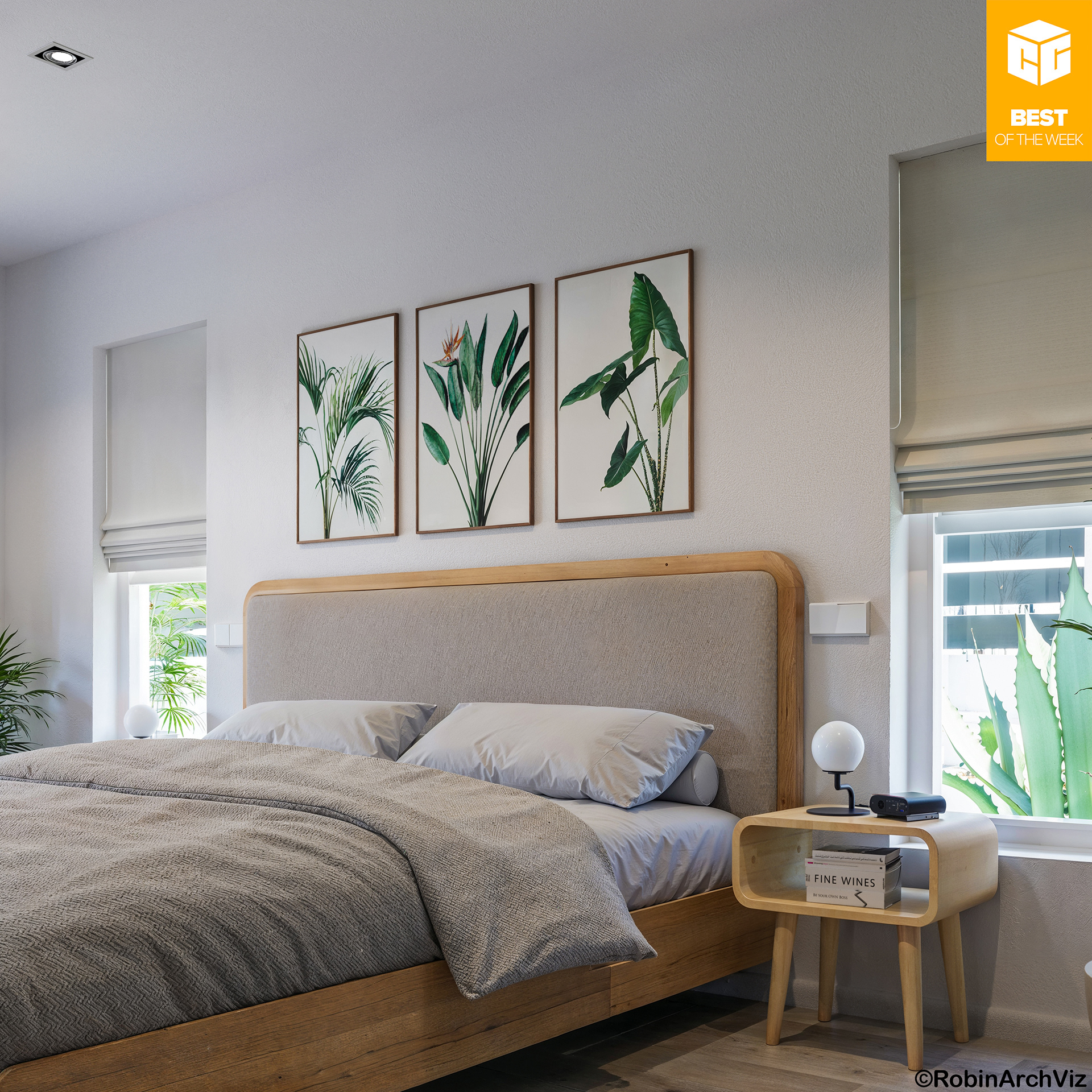 Modern minimalist bedroom with a light wood bed frame and upholstered headboard, neutral bedding, botanical wall art above the bed, and a matching wooden bedside table with a spherical lamp near a window with soft daylight.