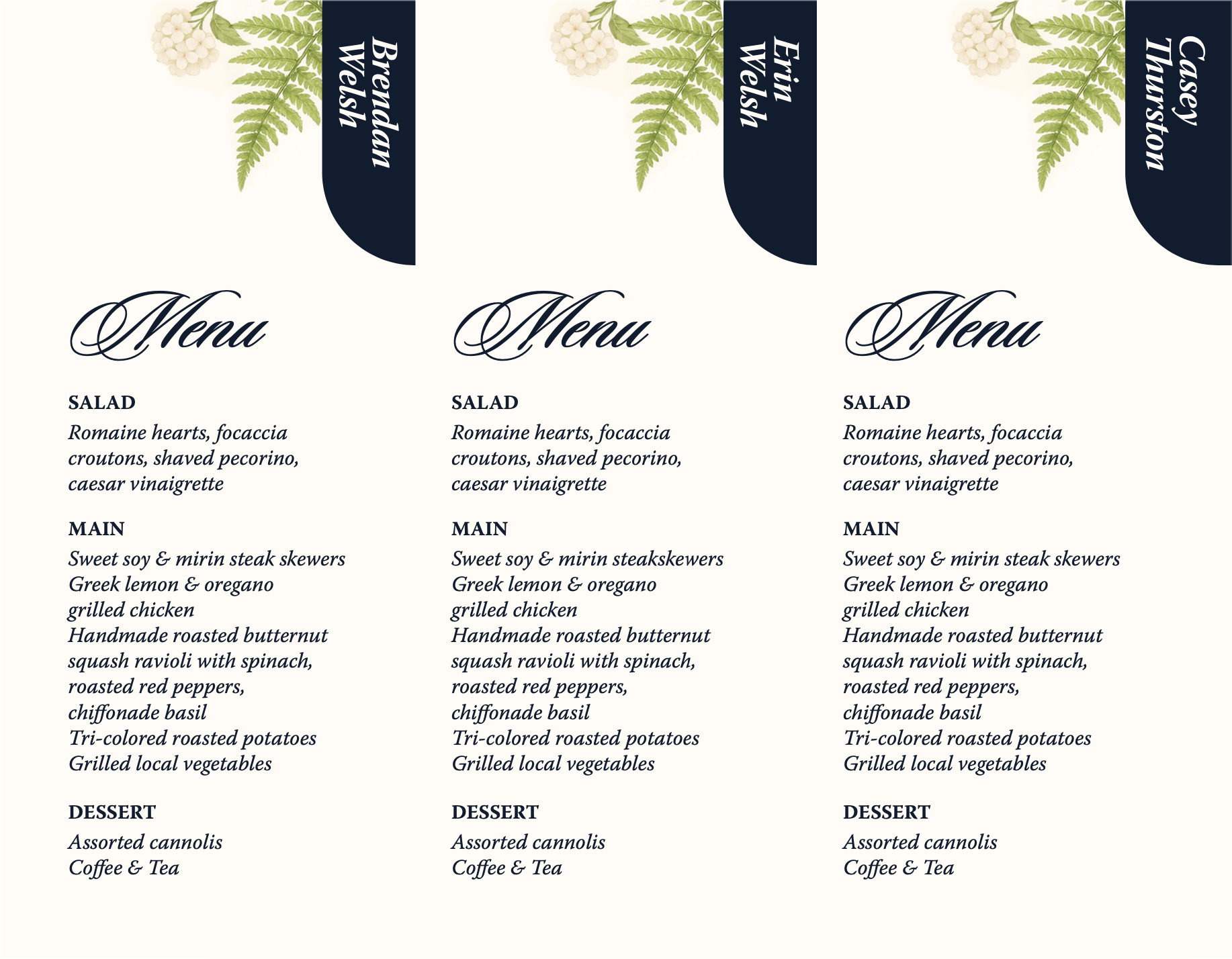 Individual Menu's for each Guest