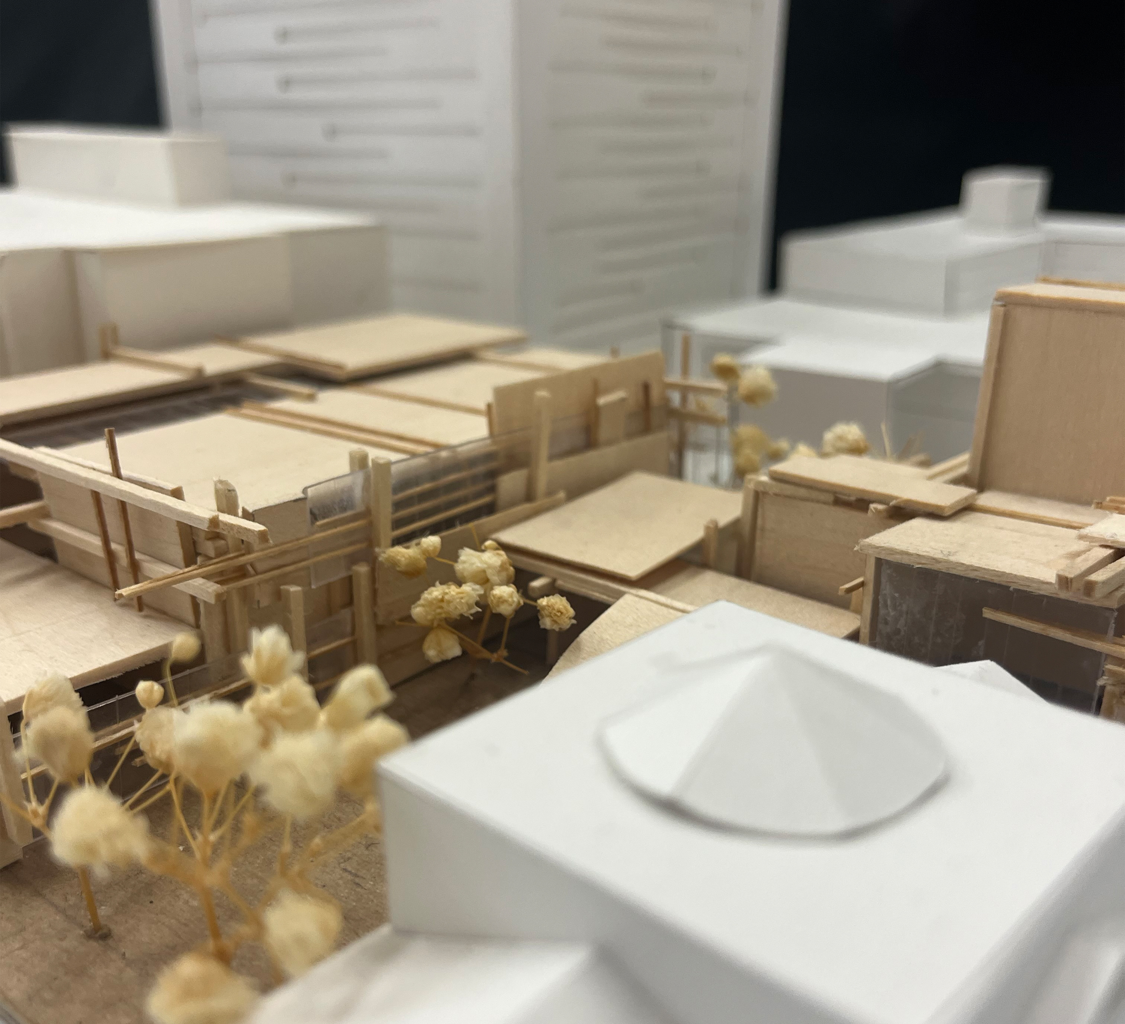 Photo of my design at a 1/32 scale in the site model my studio and I constructed