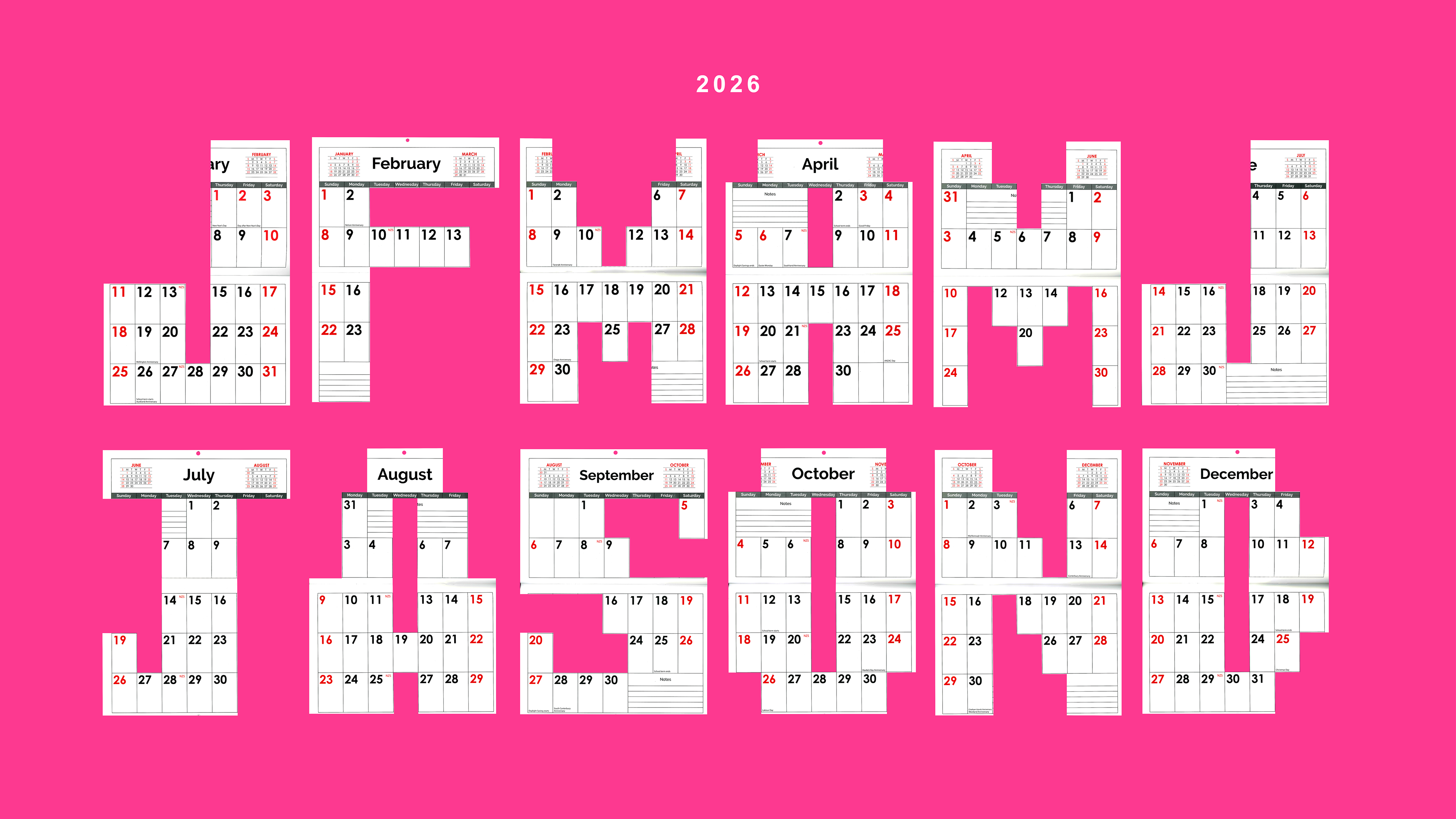 A series of typographic letterforms designed by Art Director Ben Barnes, where each character is structurally built from the layout of different months in a 2026 calendar.