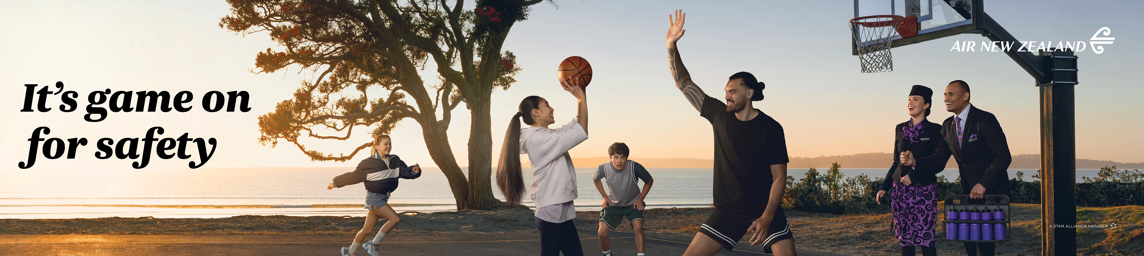 Art direction for Air New Zealand's 'Every Point Counts' safety video featuring NBA star Steven Adams, showcasing large-scale campaign by creative Ben Barnes.