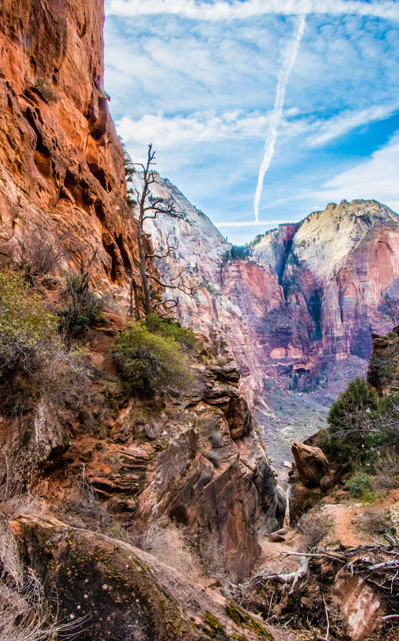 Contrails streak the sky at Angel’s Landing.