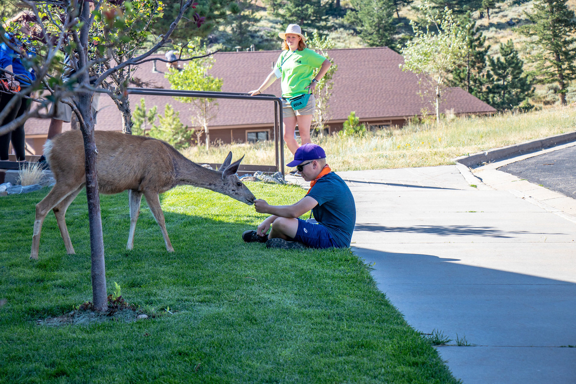 A conferee at the 2018 Rocky Mountain Rotary Youth Leadership Awards in Estes Park, Colo. feeding a deer.