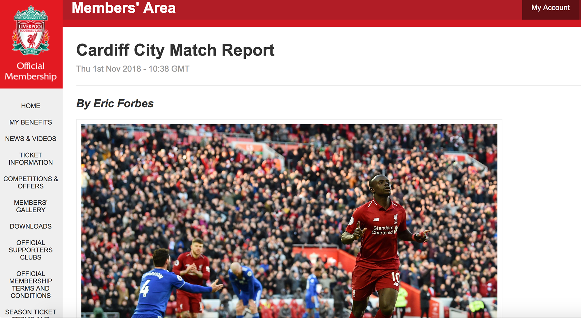 Screenshot of Liverpool Football Club's Member's Site showing the Cardiff City Match Report
