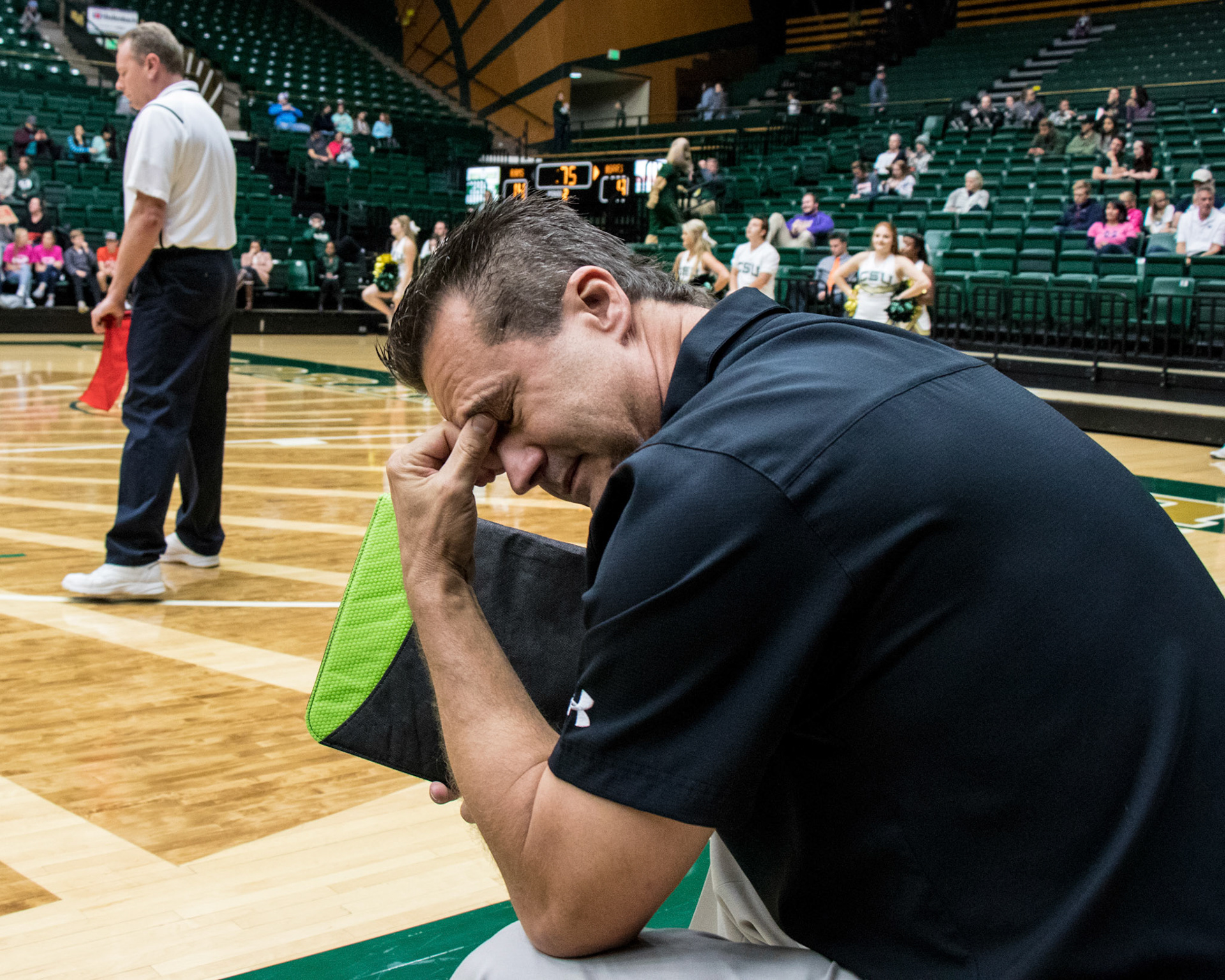 Head Coach Tom Hilbert shows his distress during the second set after the No. 20th ranked Colorado State Rams have three straight offensive errors against the Utah State Aggies at Moby Arena in Fort Collins Colo. on Nov. 2, 2017.