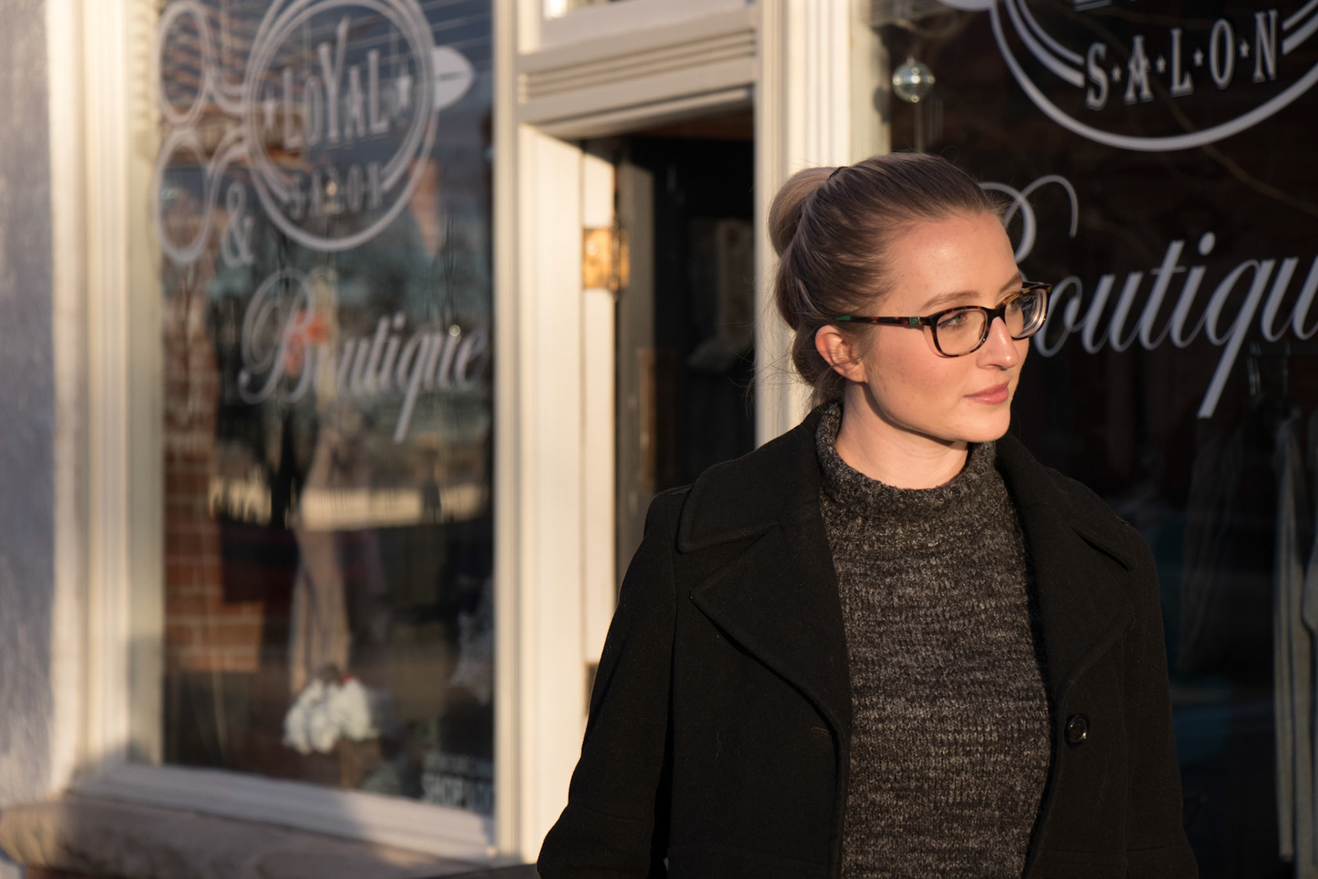 Ally Westover exploring Old Town in her thrifted jacket on Dec. 1, 2017. "I absolutely love that thing! I got that from Plato's Closet a couple weeks ago."
