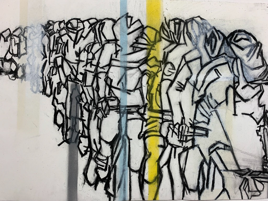 Peloton charcoal and spray paint 70 x 50 cm