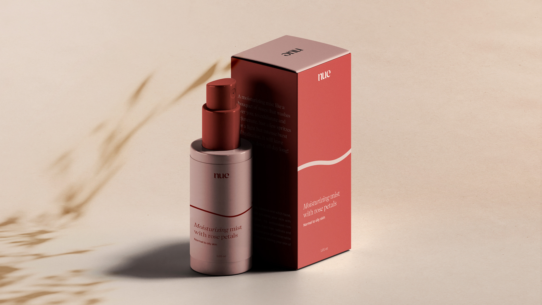 Pink moisturizing spray bottle with red cap and red box on beige background