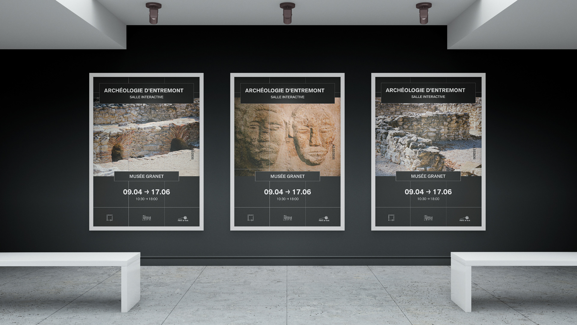 Three aligned exhibition posters hanged on the wall of an exhibition room