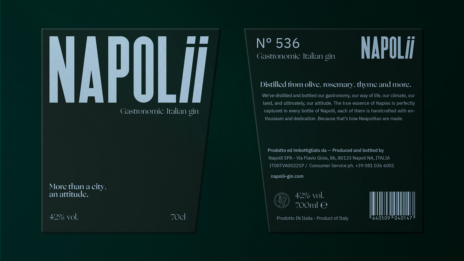 Front and back gin labels with logo and information