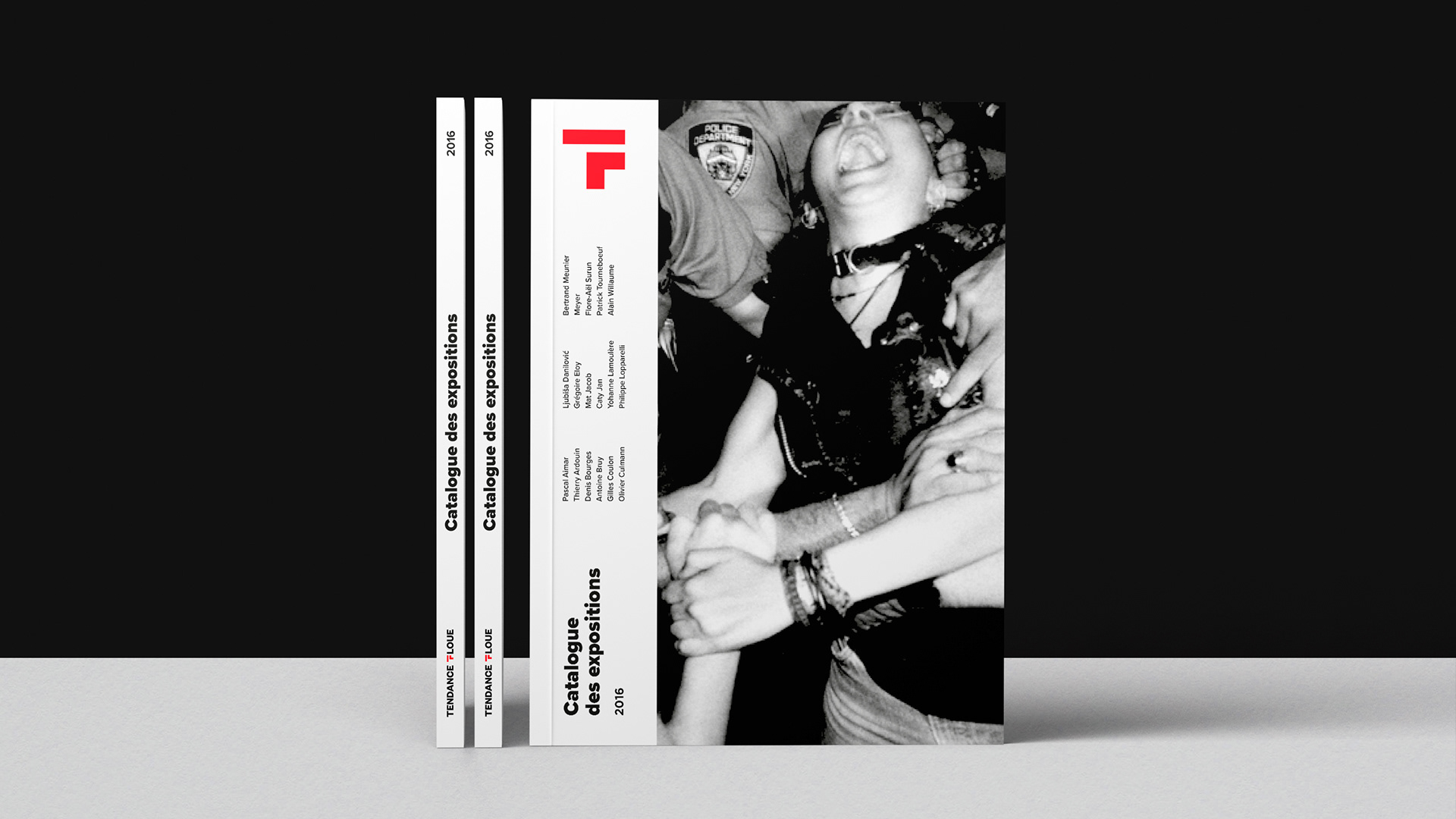 Three exhibition catalogs with black and white cover image and red brand symbol