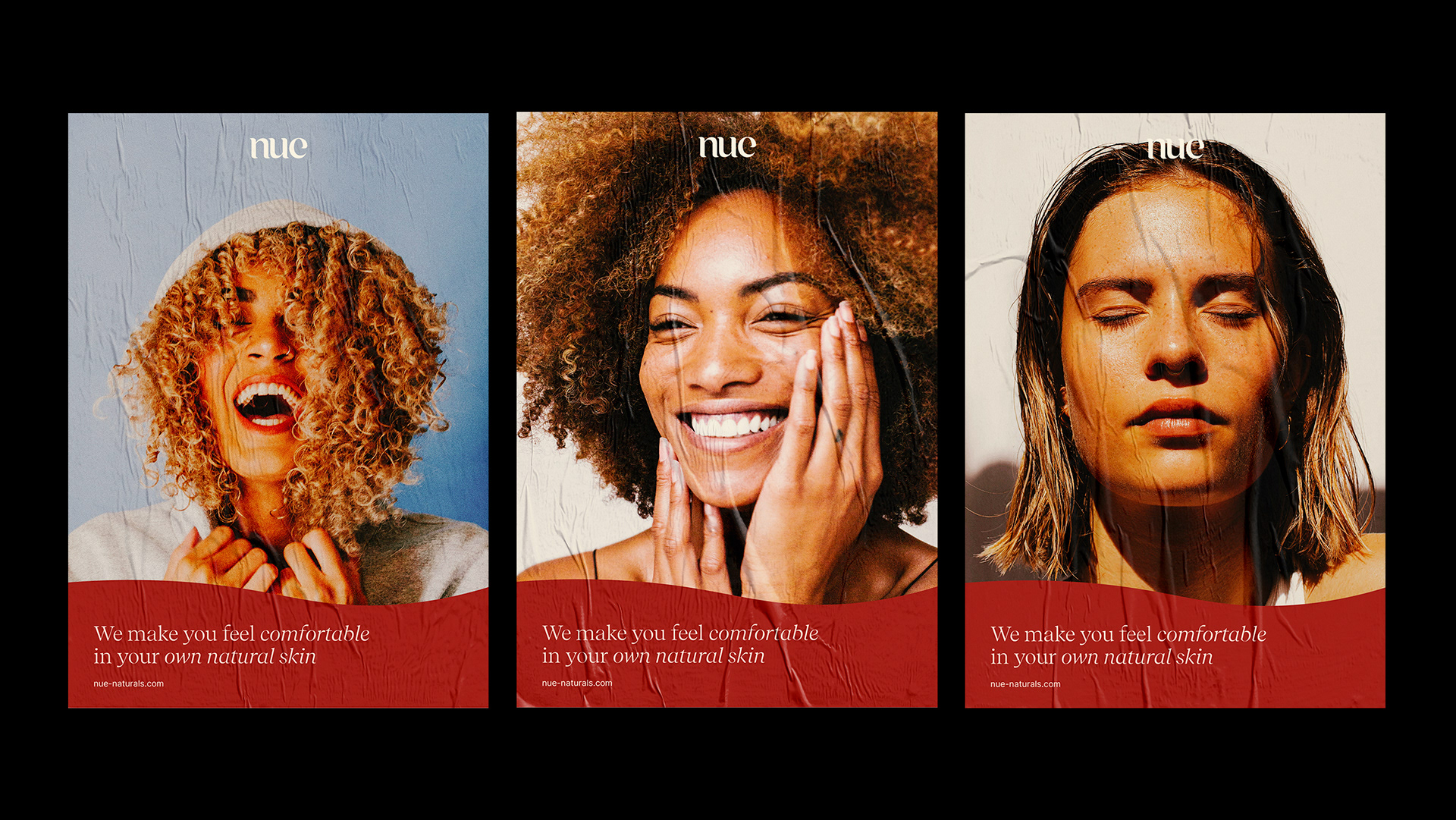 Three posters lined up with portraits of women with slogan on red wave, website and Nue logo