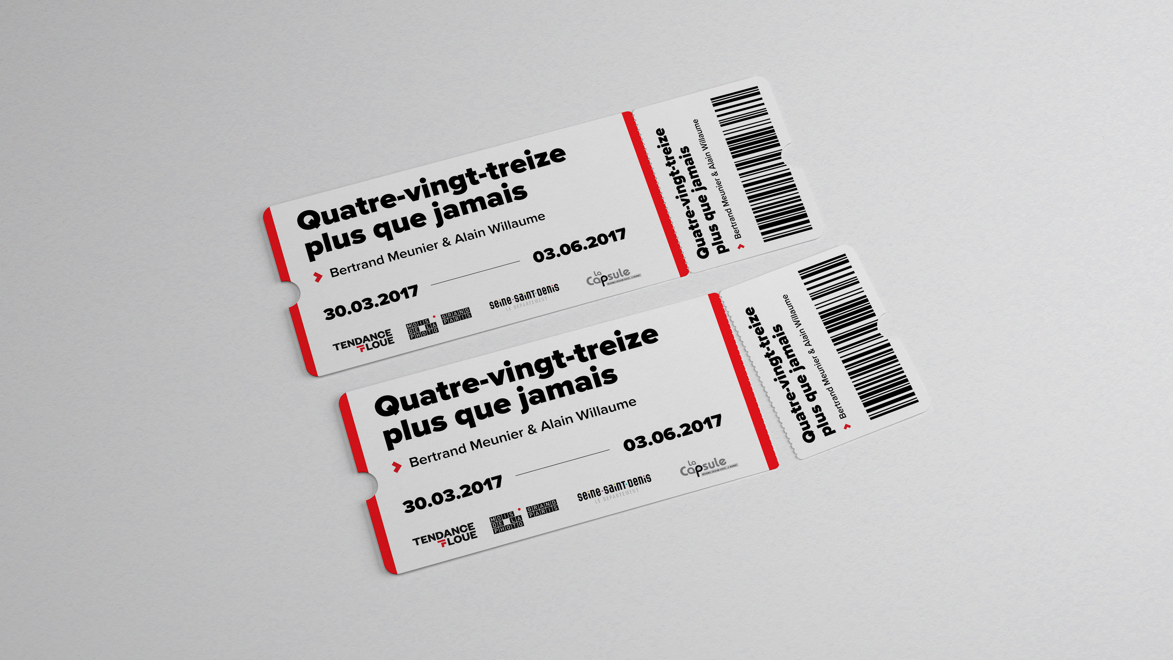 Two exhibition tickets with red stripes, information and barcode