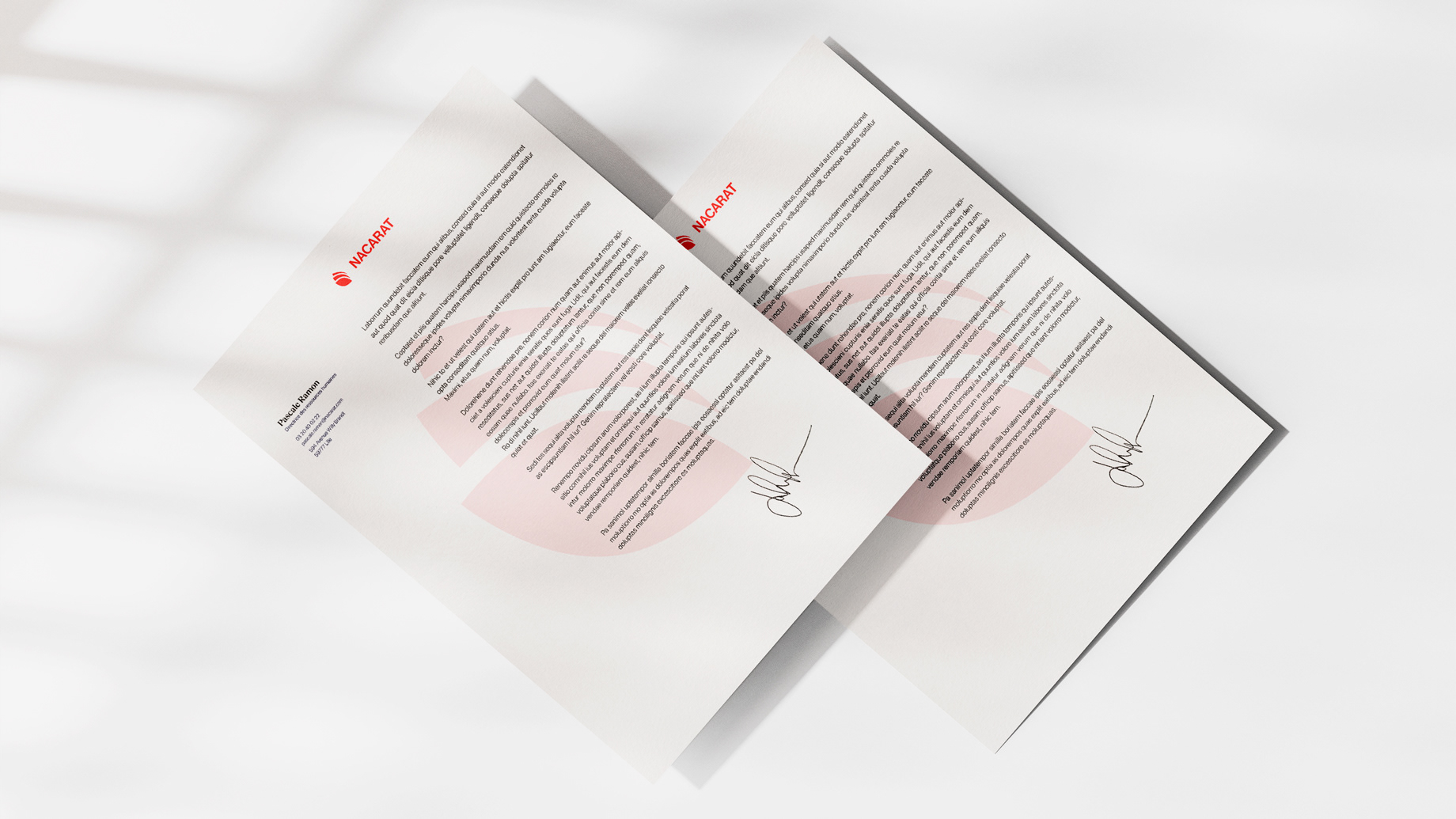 Two letterheads with the Nacarat logo, text and signature