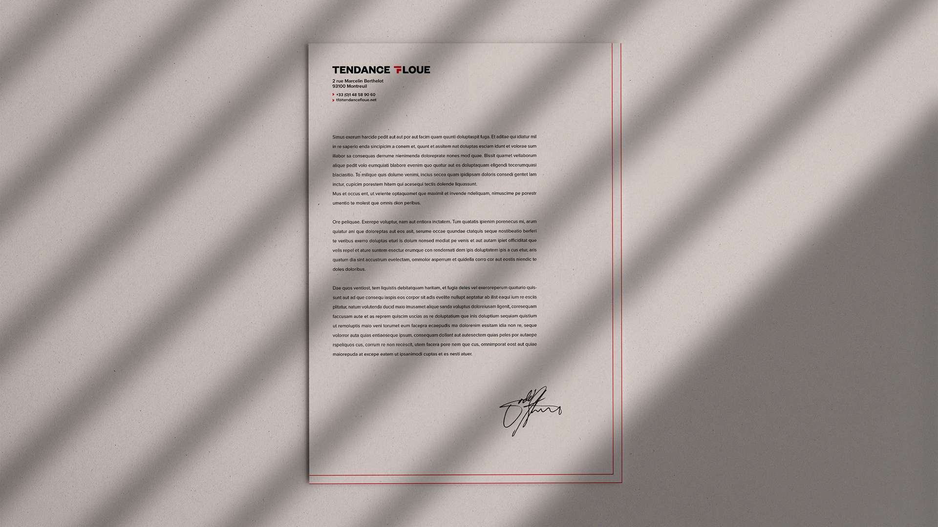 Letterhead with Tendance Floue logo, text, signature and red stripes