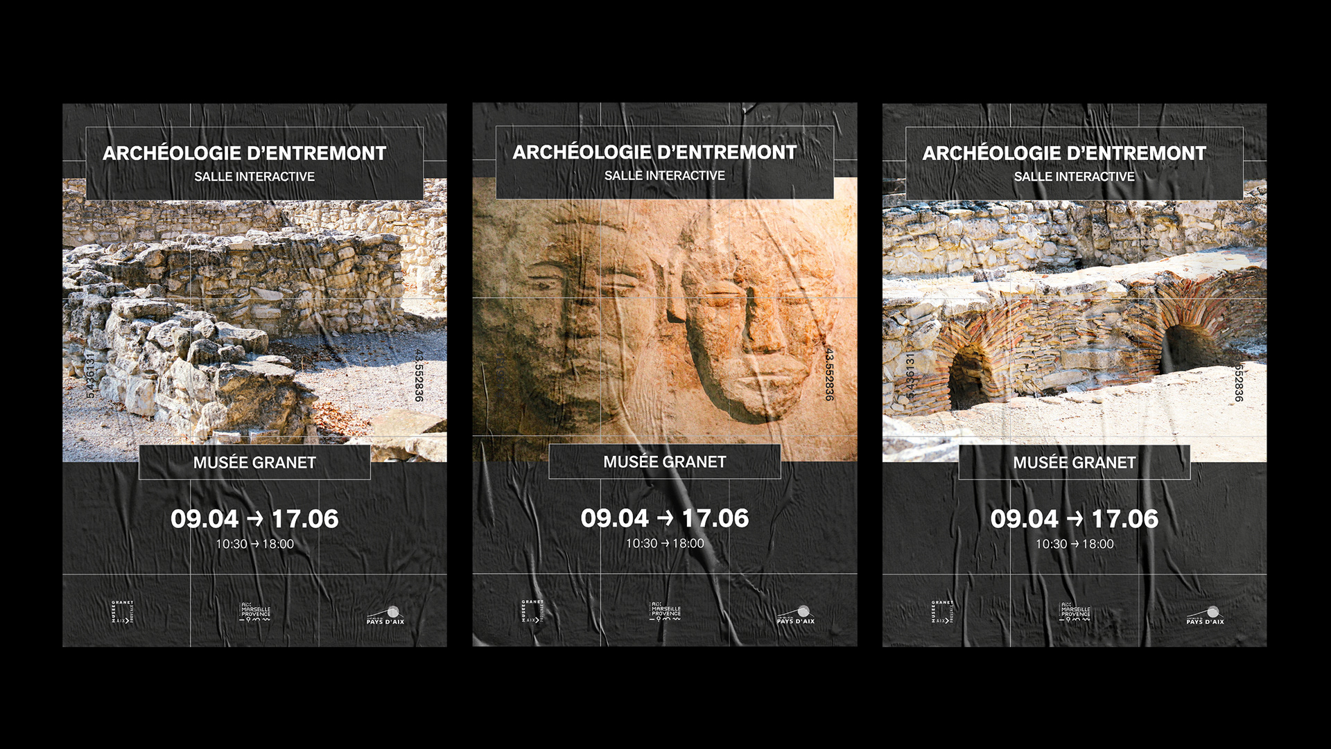Three aligned exhibition posters on black background
