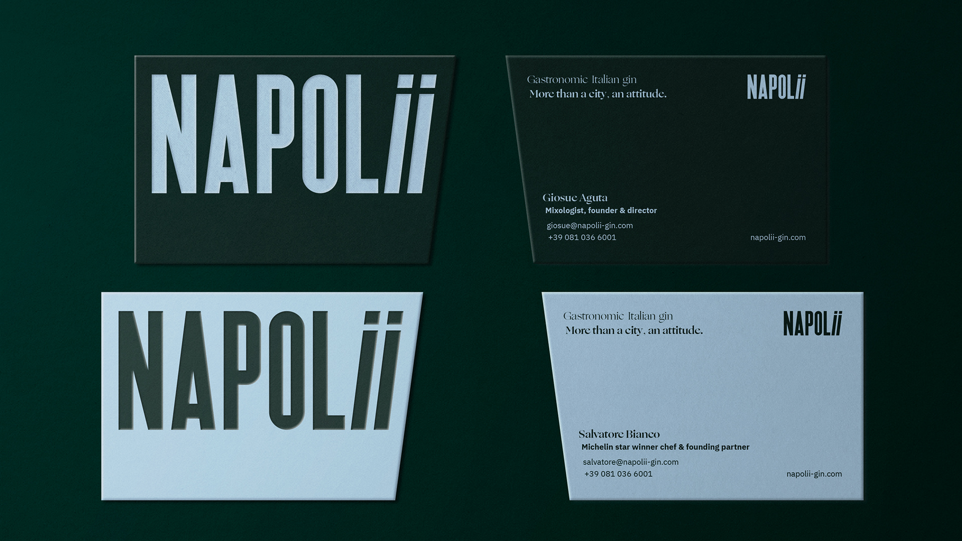 Front and back business cards on dark green background