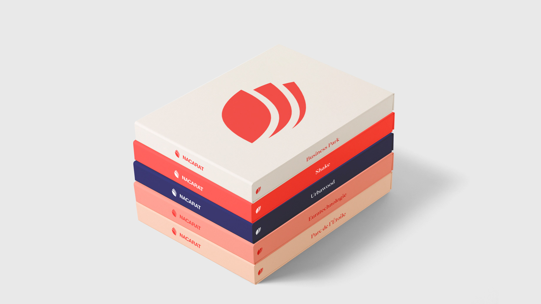 Five different colored folders with project names, stacked with the Nacarat brand symbol on the front