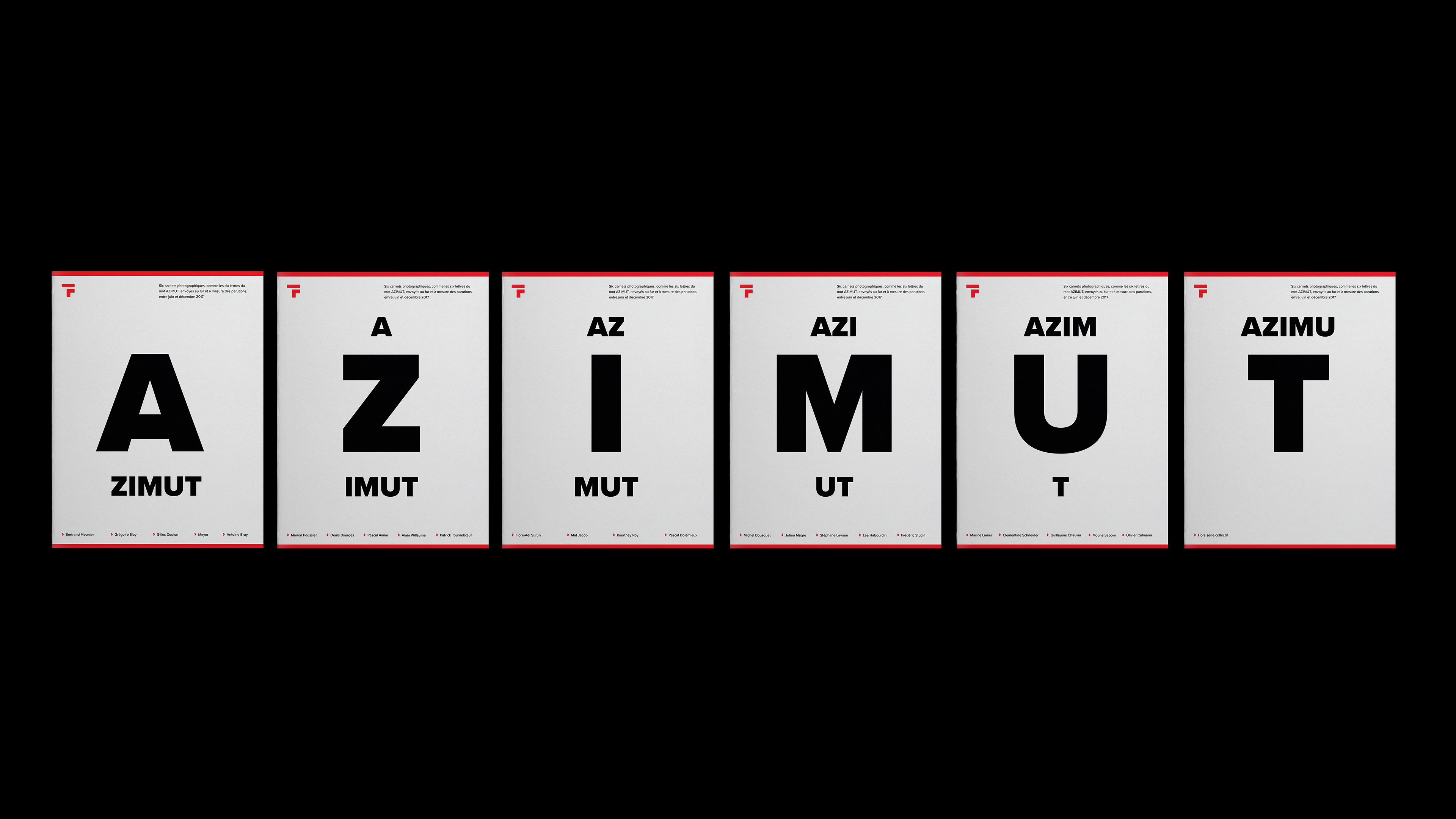 Six white booklets with red stripes lined up with the letters A, Z, I, M, U, T on a black background