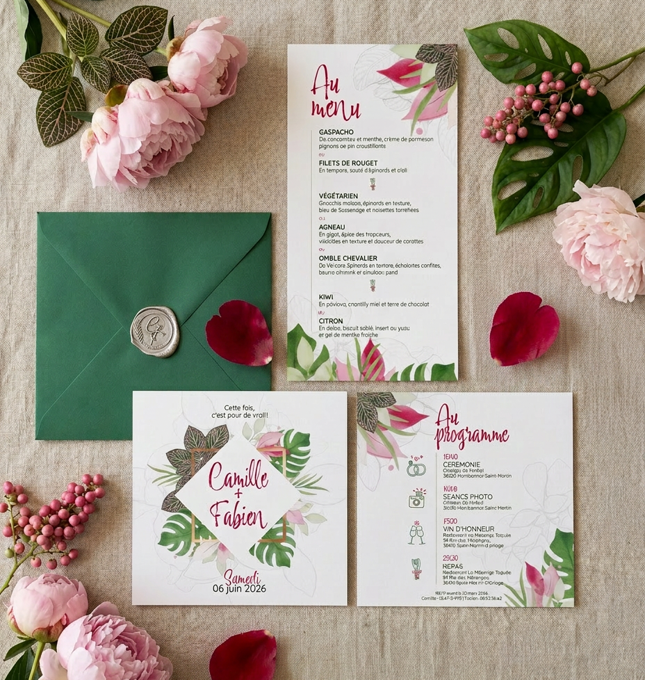 Faire-part recto verso, son enveloppe cachetée et le menu