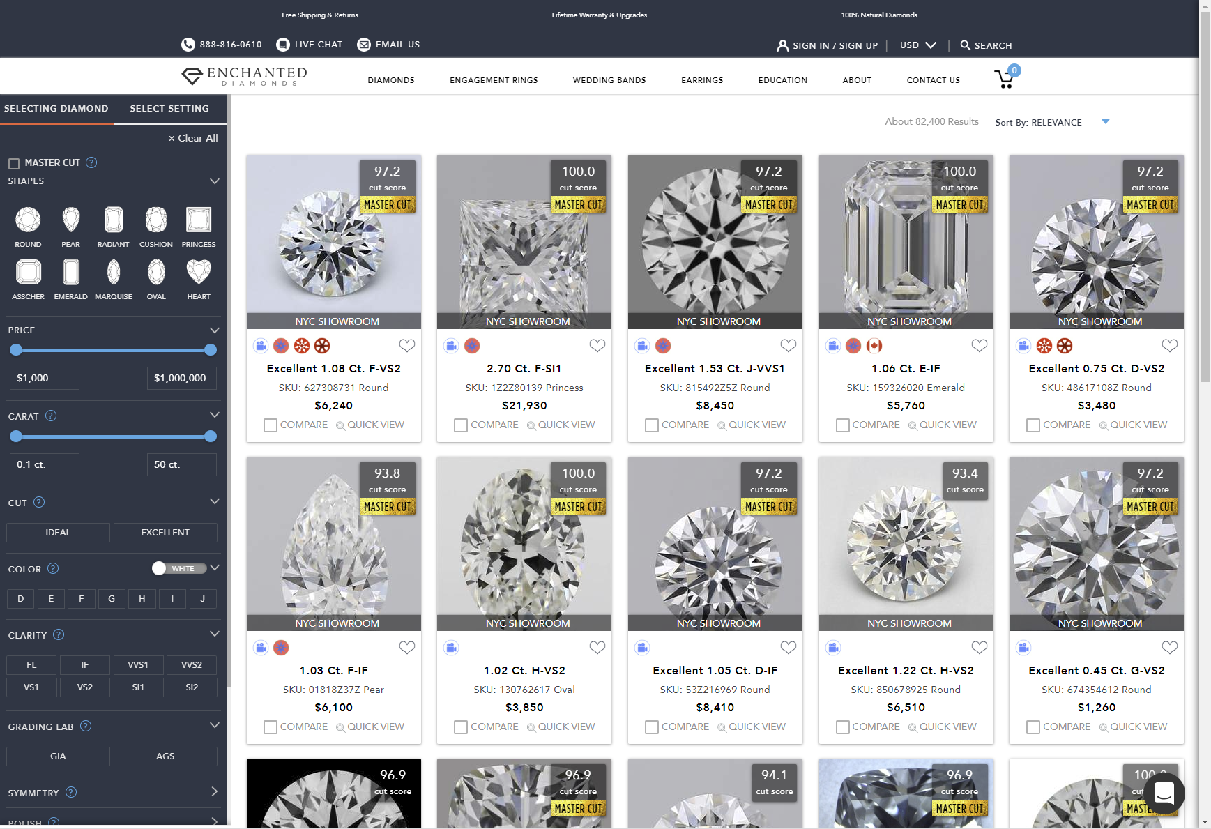Screenshot of a website showing a diamond search engine.