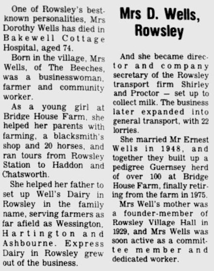 1986 Rowsley obituary notice for Mrs D Wells, who helped set up Well's Dairy which eventually became Express Rowsley Creamery. (Courtesy Derbyshire Times)