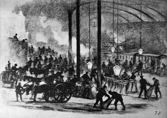 1902 'The Midnight Milk Train at Paddington Station', chalk drawing by Fred Yates. From 'The Milk Supply of London' H. Swan
