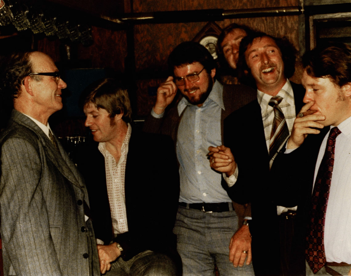 Kenneth Carswell identifies Pat Taylor on the left with Chris Giles. Allan Roberts sitting. Monica Corfield identifies Les Bailey, on the right. (Courtesy Joe Lyons)