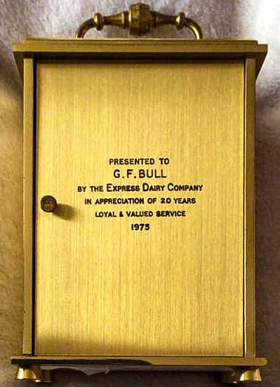 1975 Carriage Clock presented to G.F. Bull for 20 years service. (Courtesy Colin Bull)