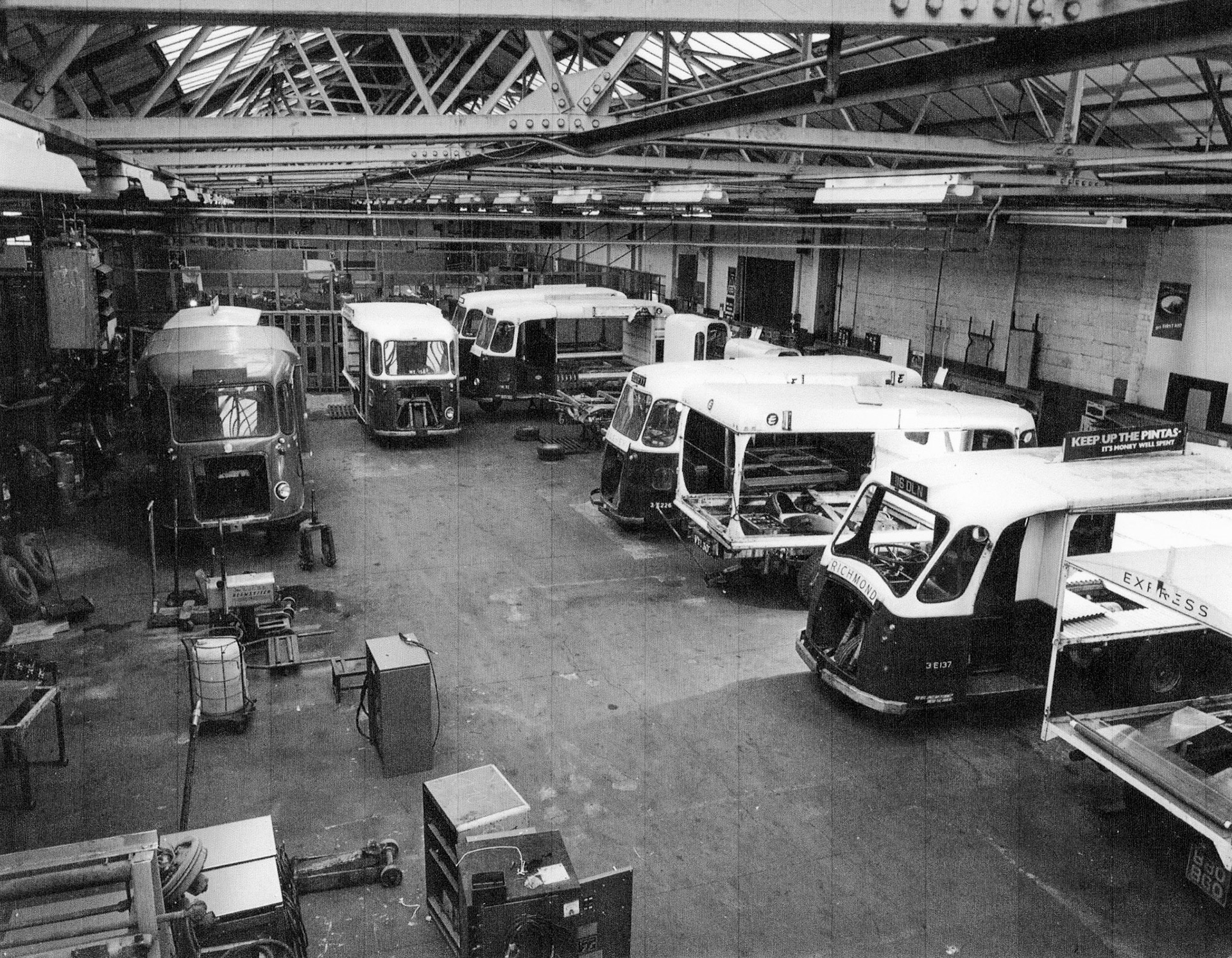 1970'sRuislip Electric Vehicle workshops. James Downes comments "Worked in the workshop for John Harding." (Courtesy Michael Aldread)