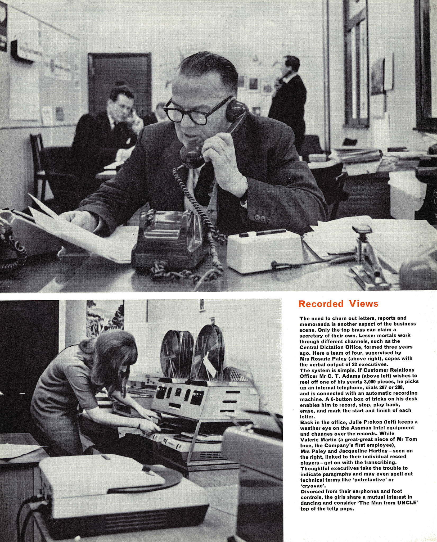 1966 Chief Office, Tavistock Square: Customer relations officer MR CT Adams, Julie Prokop below.
