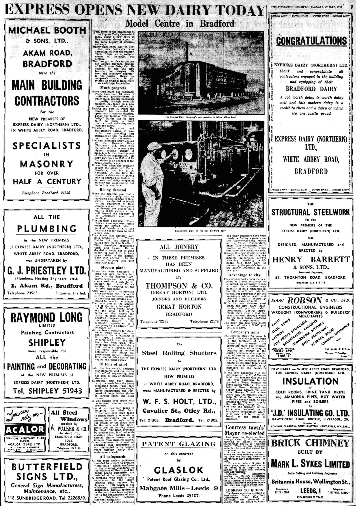 1952 - Bradford Model Dairy's new dairy opens in White Abbey Road. Described in the Bradford Observer - Tuesday 27 May. (Courtesy of THE BRITISH LIBRARY BOARD)