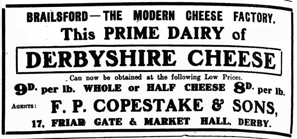 1914 Advert for Brailsford Cheese in Derbyshire Advertiser and Journal 05 June 1914 (Courtesy Alan Salt)
