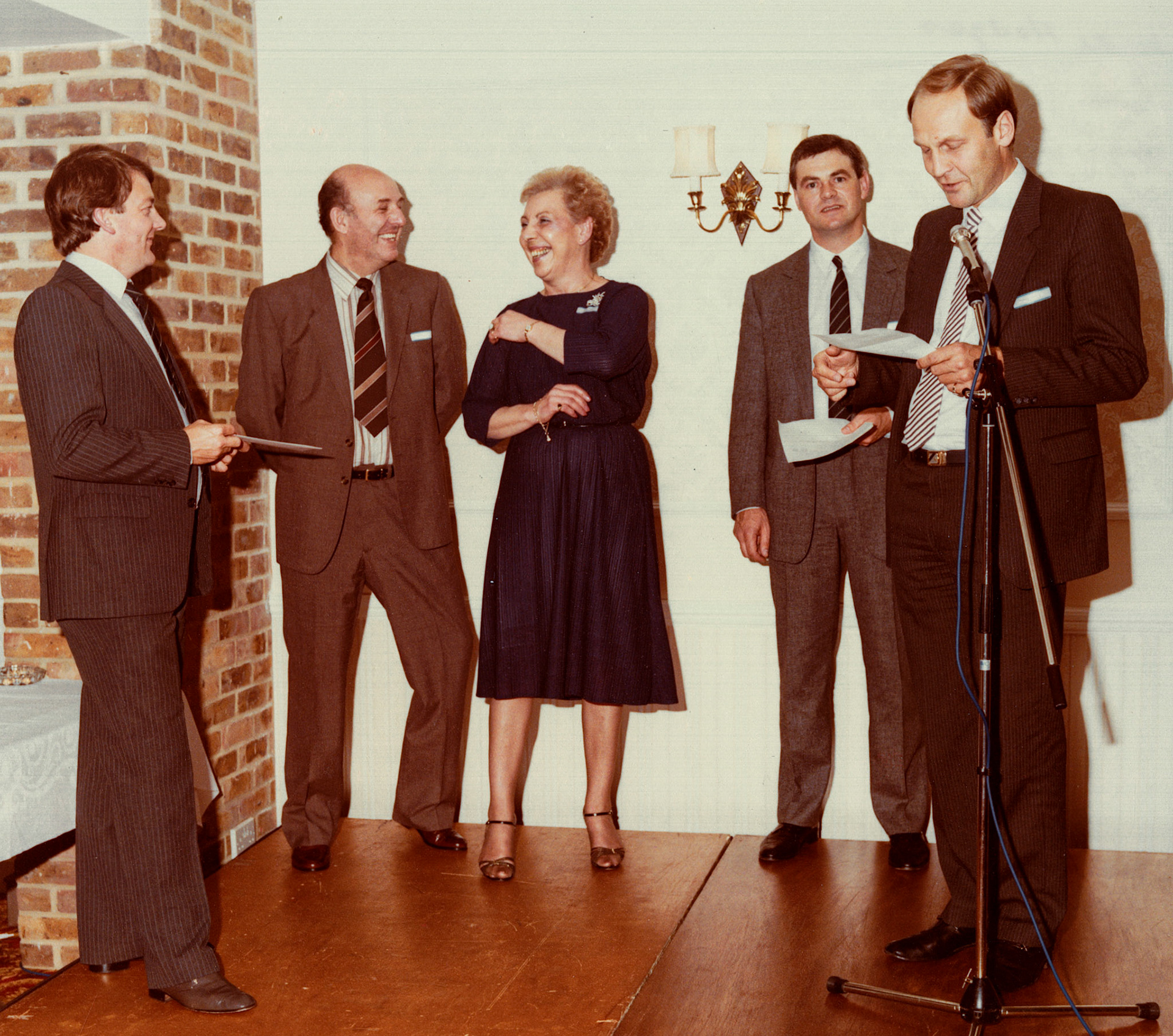 1986 40-year Long Service Award-Beryl Purslove with Mike Hodges, Ron Purslove, Beryl Purslove, Peter Prickett and Howard Stanworth (Courtesy Beryl Purslove)