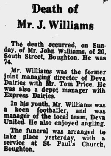 1972 Deva Dairies Joint Managing Director John Williams died. (Courtesy Deva Dairies - Cheshire Observer - Friday 24 March)