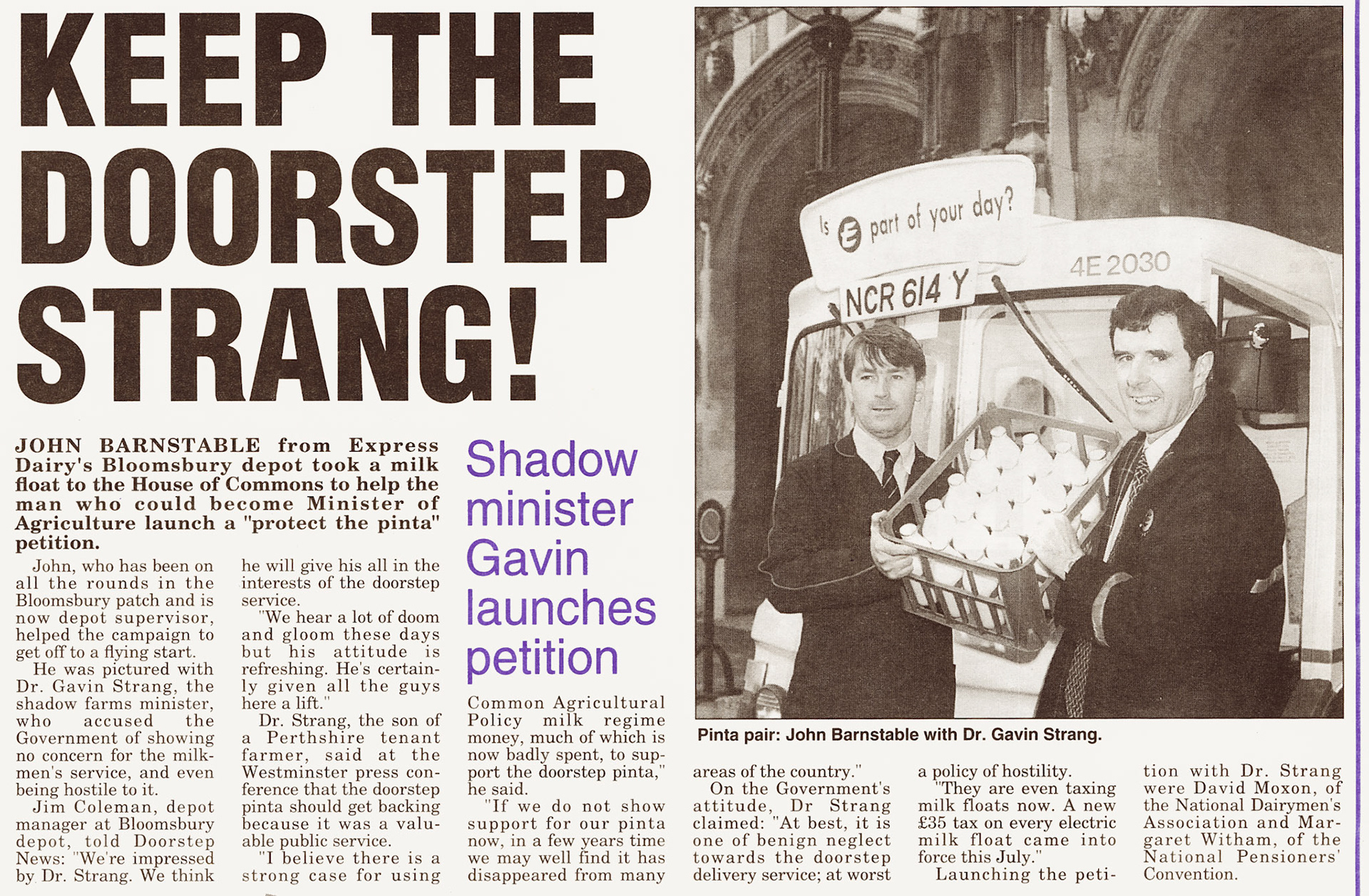 1995 John Barnstable from Bloomsbury helps launch a 'protect a pinta' petition, with Gavin Strang, shadow farms minister. (Courtesy Michael Aldread)