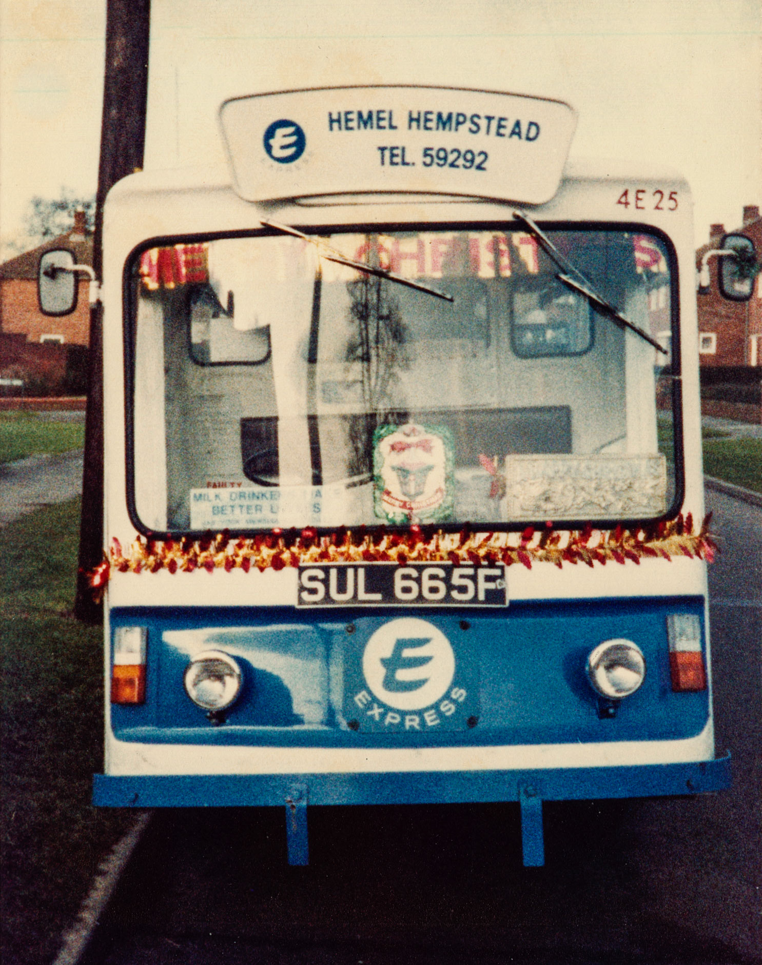 1967/8 Reg Hemel Hempstead float. Paul Evans comments "That's my Festive Float outside my future Wife's house in Adeyfield, Hemel Hempstead!! The depot was near Apsley, Riversend Road, Two  Waters - now a self-storage depot." (Courtesy Paul Smith)